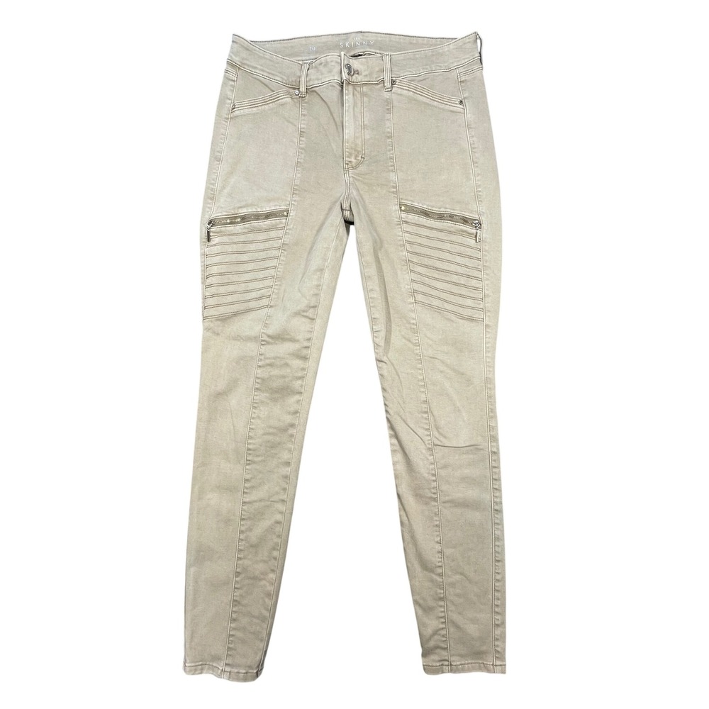 WHBM The Skinny Tan Moto Zipper Detail Mid-Rise Pants Womens Size 10